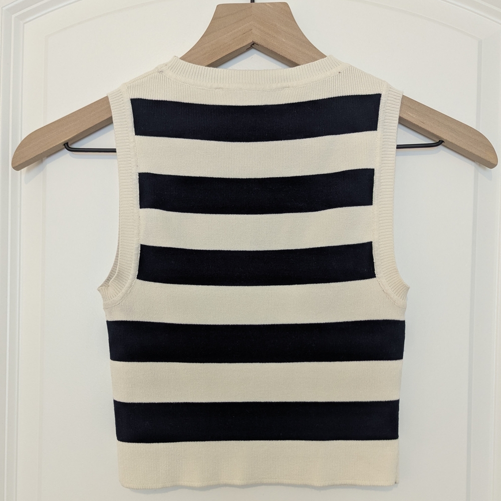 Zara Black/Navy and Cream Striped Crewneck Cropped Sweater Size Small - Picture 2 of 7